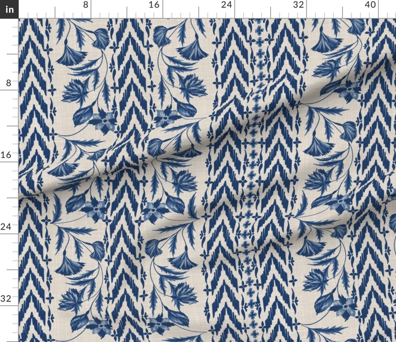 Folk Floral Stripe Large Scale Blue Tan Chintz Flowers Custom Printed Fabric by Spoonflower Various Fabrics by the Yard or Fat Quarter